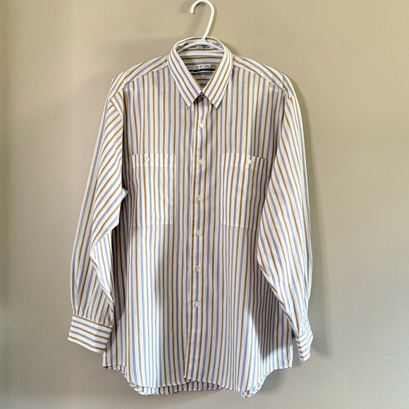 Vintage Leo Chevalier White Cotton Dress Shirt Purple/Blue & Tan Stripes - Picture 1 of 13